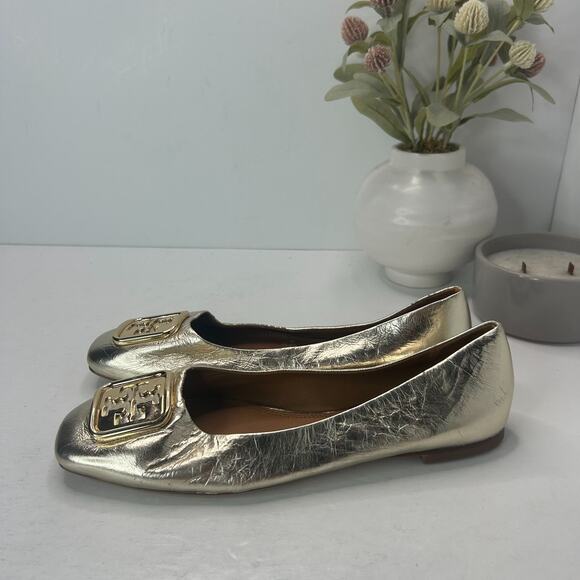 Tory Burch Leather Square Toe Ballet Flats Slip On Metallic Gold Logo Women's 9M - Picture 1 of 9